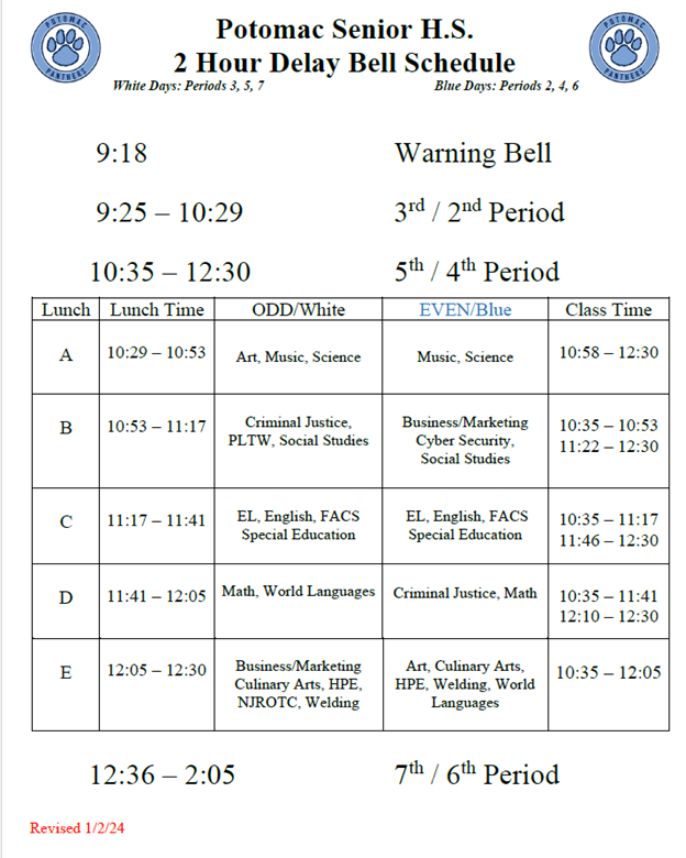 Image of two hour delay bell schedule