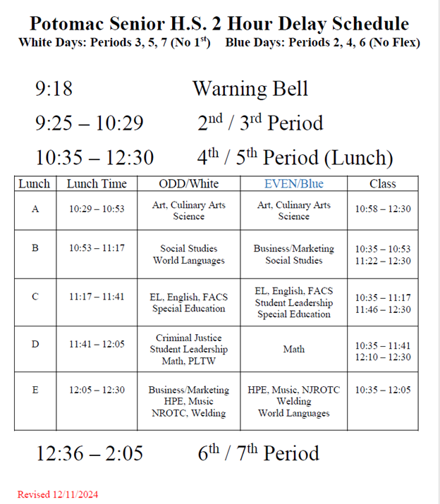 image of pshs 2 hour delay bell schedule