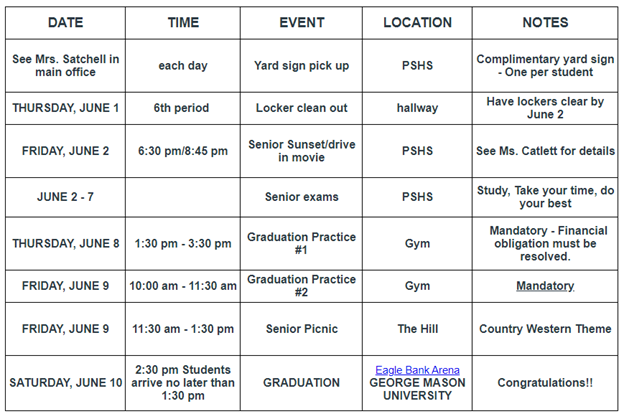 table of events for senior class