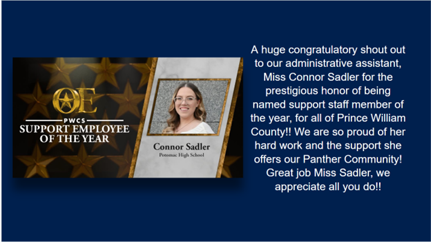 image of Ms. Sadler, our PWCS Support Employee of the Year